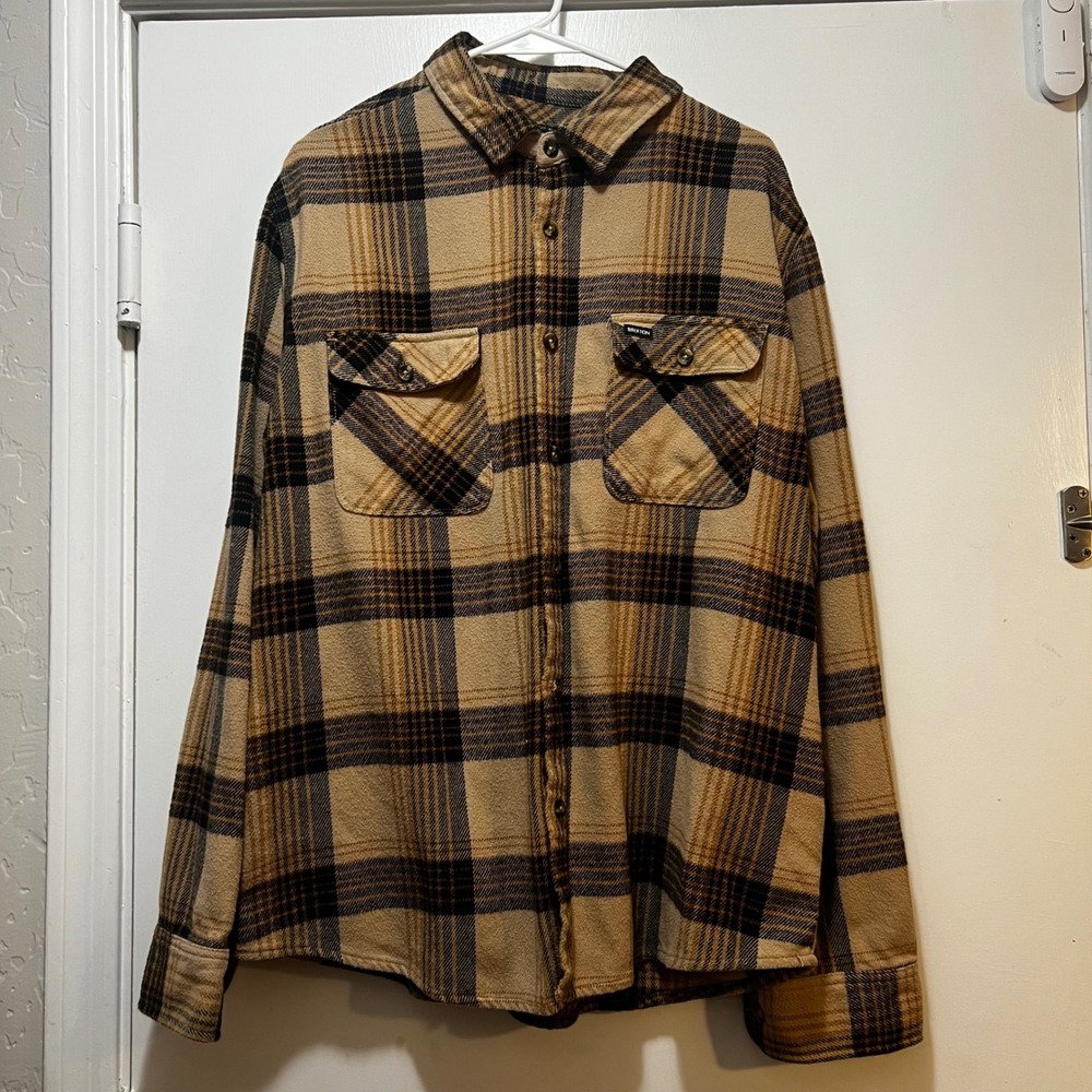 Brixton Bowery Plaid Flannel Shirt Mens XL Tan Brown Black Long Sleeve Button Up